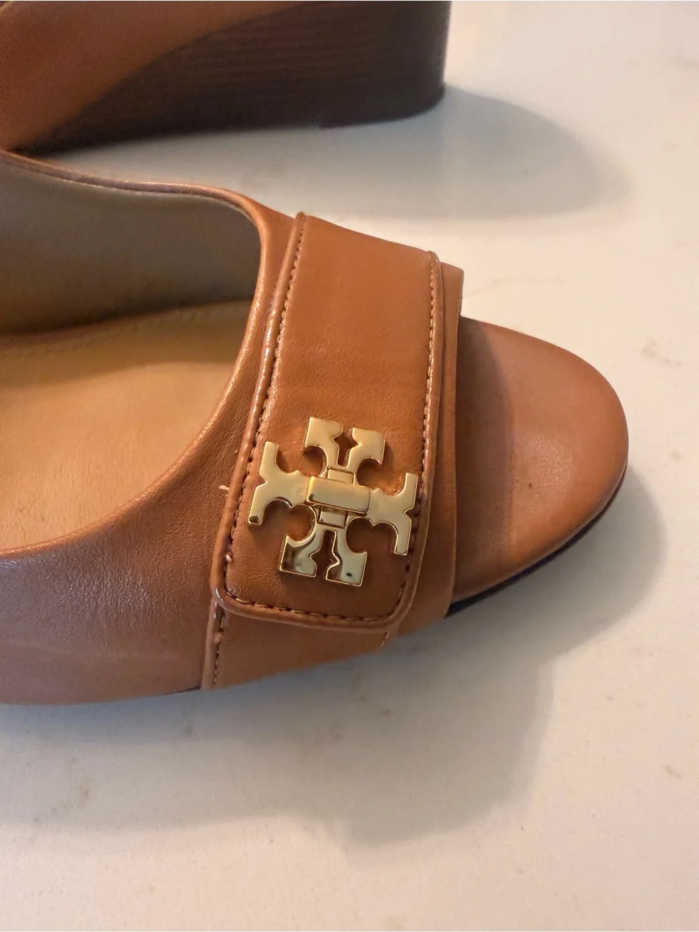 Tory Burch Kira Open Toe Wedge in Tan